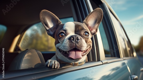 Smiling dog peeking out of window of car. © STKS
