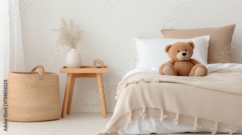A cozy and inviting bedroom with a teddy bear on the bed