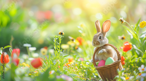 Easter bunny hiding chocolateeggs in a garden, springtime easter egg hunt 