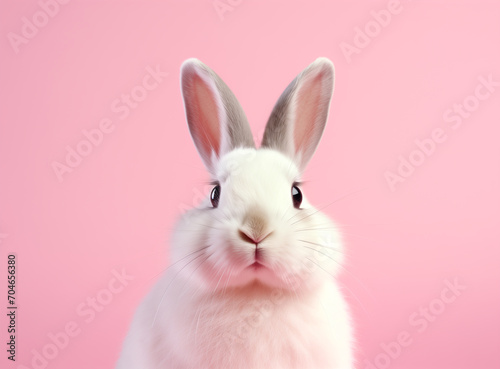 Cute white bunny isolated on a pink background © Cla78