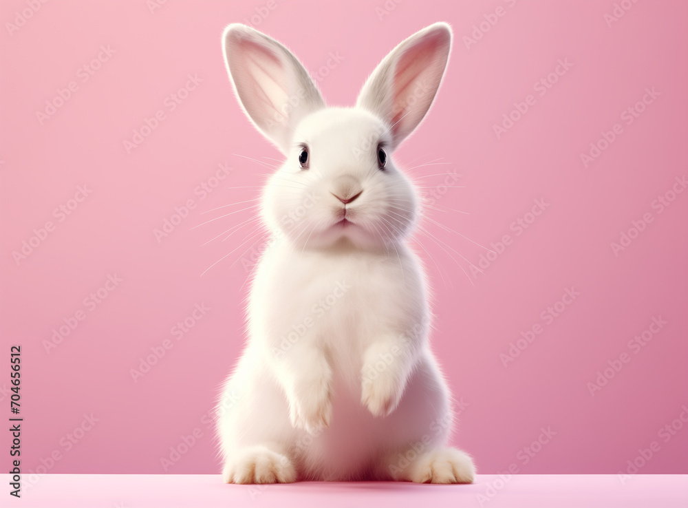 Cute white bunny on a pink background