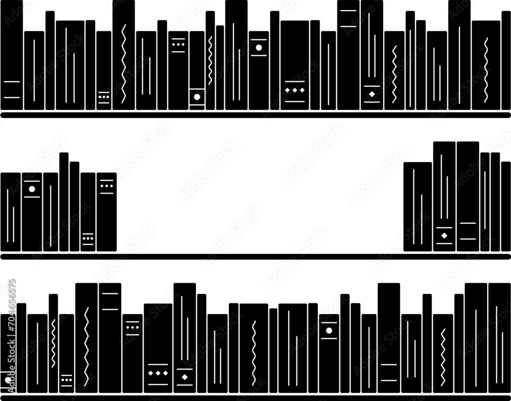 Silhouettes of Books on Shelves. Bookstore, home library. Literature spines, textbooks, encyclopedias. Place for text. Interior sticker. Reading, learning. Black and white image. Vector illustration
