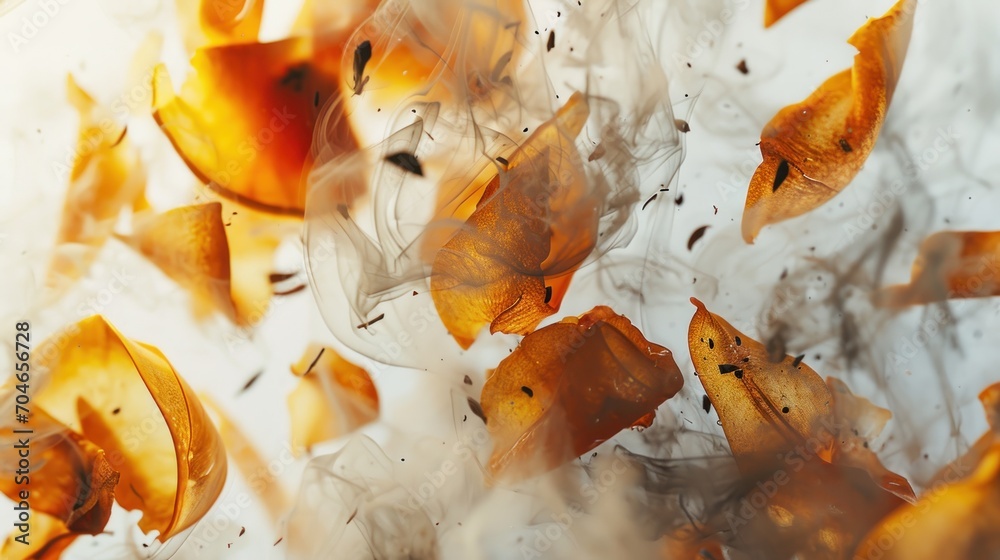 a close up of a bunch of orange objects floating in the air with smoke coming out of the top of them. a close up of a bunch of orange objects floating in the air with smoke coming out of the top of them.