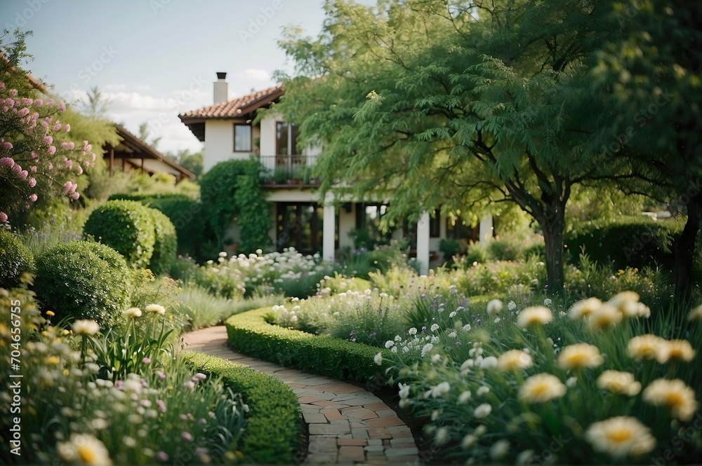 Naklejka premium Enchanting Pathways, A Serene Garden Unfolding Its Secrets, Guiding to an Abode of Tranquility