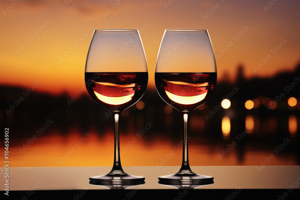 Two glasses of red and white wine on the background of sunset.