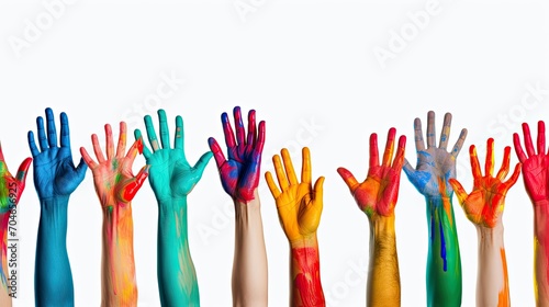 A lot of hands are raised up smeared in multicolored, colored paints on a white background. People's hands are raised in the air. Without faces.