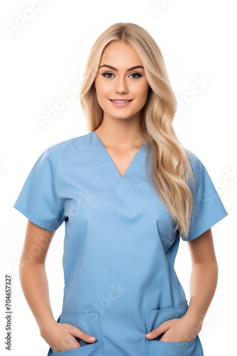 Portrait of a smiling female doctor or nurse in blue uniform