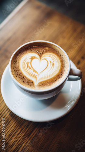 Coffee cup with heart shape latte art on wooden table.