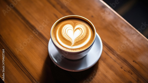 Latte art coffee in a cup on wooden table.