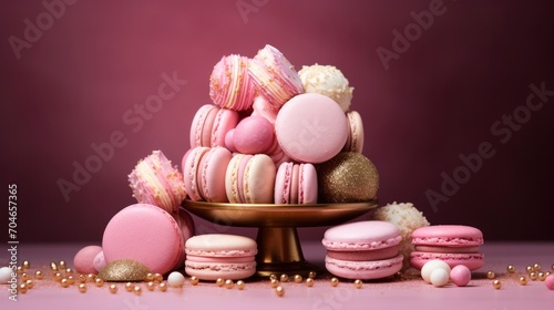 modern elegant luxury french sweets food photography. Amazing lighting. Pink, White, gold, champagne color background.
