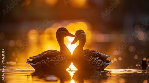 two ducks put their heads together to make a heart shape, sunset photo