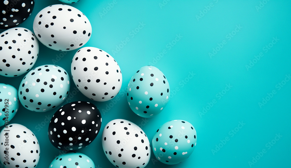 White, blue and black easter eggs on a light blue background