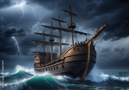 Old medieval ship, floating on waves on the ocean in a raging hurricane.