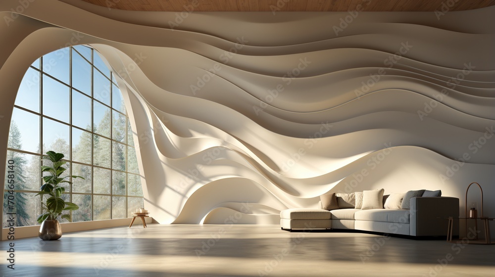 Obraz premium Futuristic living room interior with large windows and curved walls