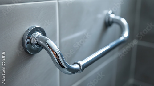 Closeup of a Curved, Chrome, Grab Hand Rail For Bathroom Shower, Bath or Toilet, handrail safety grab bar, security for handicapped, disabled people, accessibility for patients and the elderly.  photo