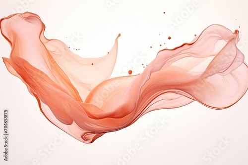 A splash of pale orange paint on a white background. A smooth wave in the movement of orange ink on a light background.