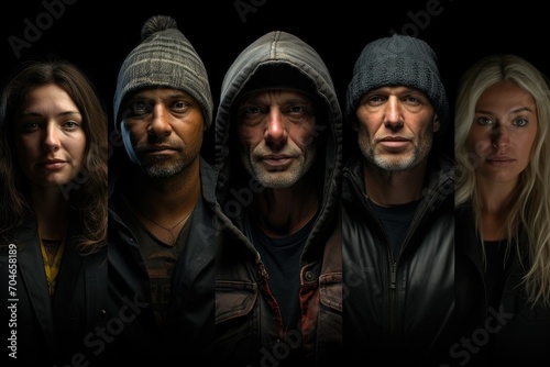 The faces of young girls, the faces of young men and an elderly man in hats and black clothes on a black uniform. A group of people in dark clothes on a dark background. Close-up. Portrait © BetterPhoto