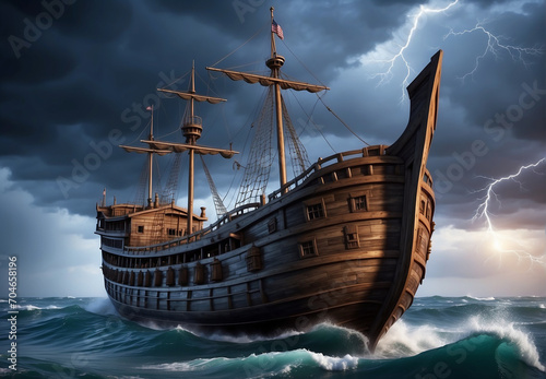 Old medieval ship, floating on waves on the ocean in a raging hurricane.