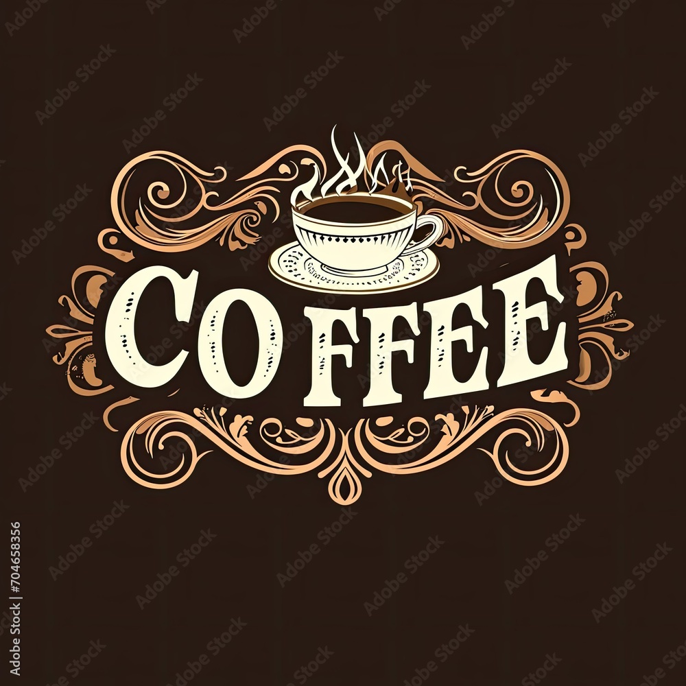 The inscription in white letters on a brown background: Coffee. Decorated with an abstract beautiful pattern. Work piece.