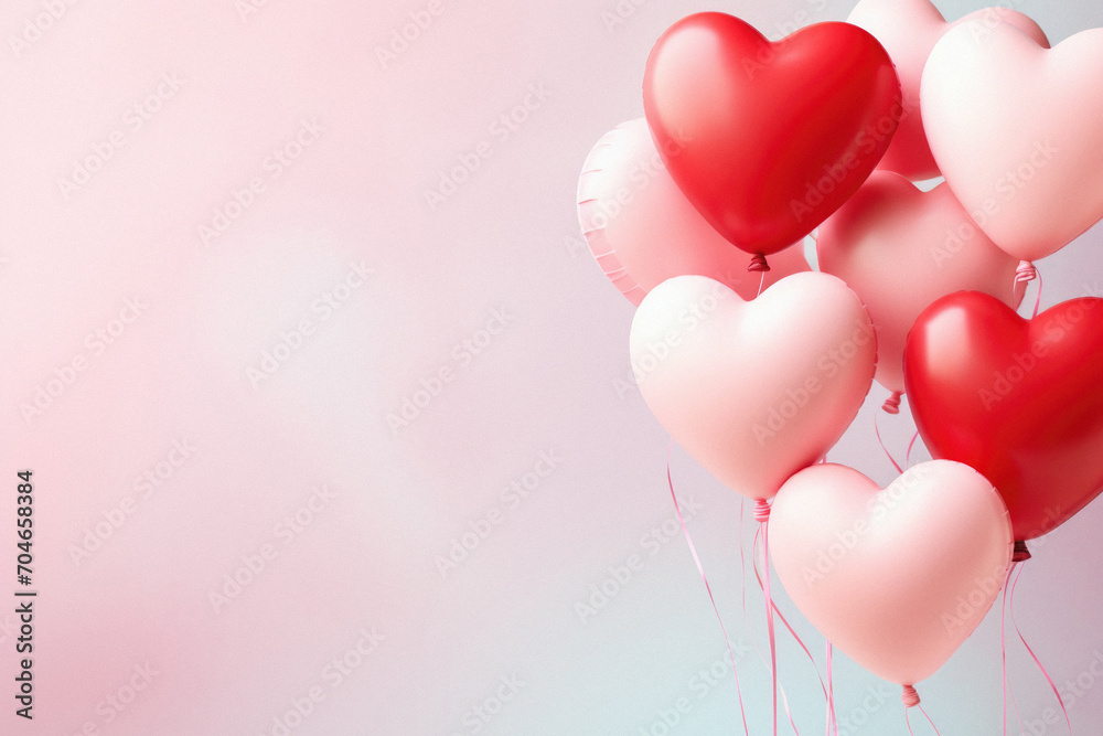 Valentine's day background with red and white heart shaped balloons.
