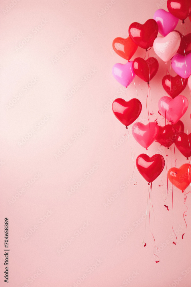 Valentine's day background with heart shaped balloons on pink background.