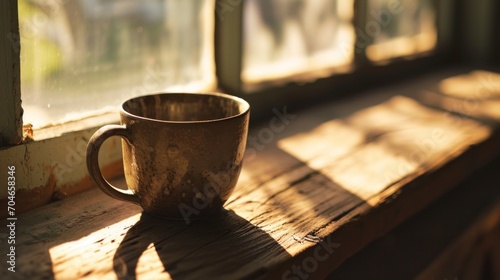  a coffee cup sitting on a window sill in front of a window sill with the sun shining through the windows.