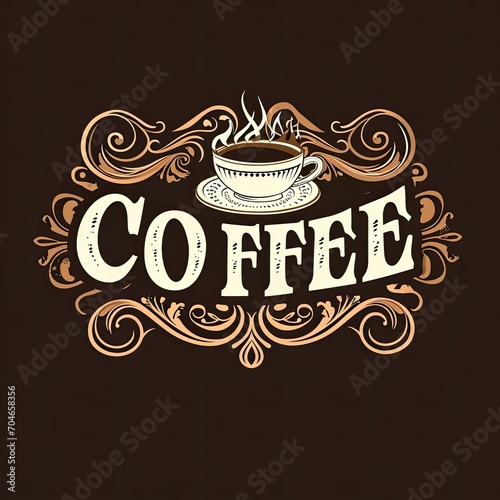 The inscription in white letters on a brown background: Coffee. Decorated with an abstract beautiful pattern. Work piece.