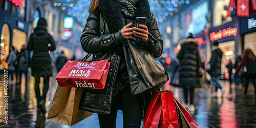 A woman on the streets with a variety of packages and with a phone on a city street. A large plot. Without a face. Shopping, discounts, gifts.