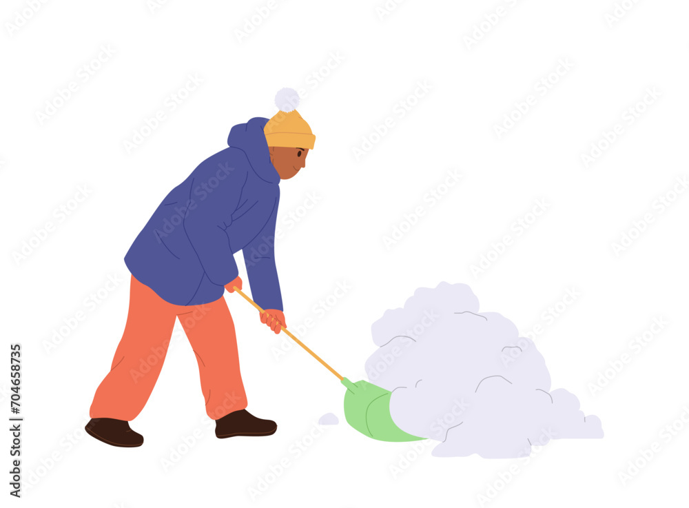Man cartoon character wearing warm outwear cleaning street from snow with shovel isolated on white