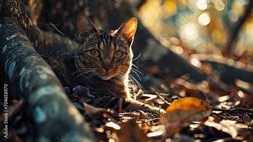  a close up of a cat laying on the ground with leaves on the ground and a tree in the background.