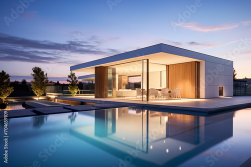 Modern house with pool and sunset in the background © duyina1990