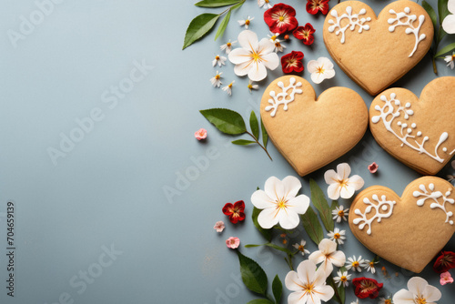 Gingerbread cookies in the shape of hearts and flowers on a blue background.