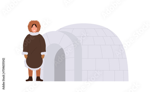 Eskimo woman cartoon character wearing traditional clothes standing nearby ice snow yurt house