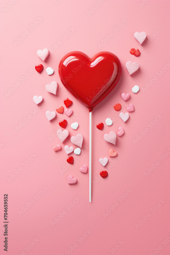 Valentines day background with heart shaped lollipop on pink background.