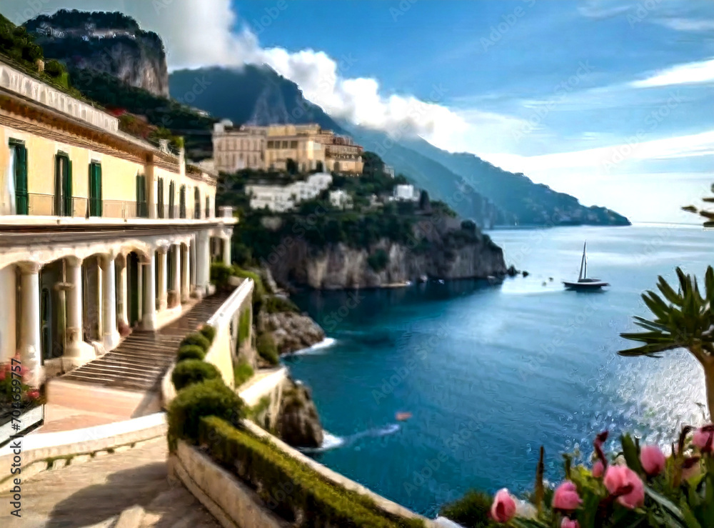 panoramic views of the sparkling Mediterranean Sea and cliffside terraces, generative ai
