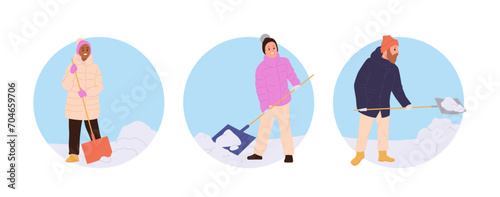 Round composition set with happy people cartoon character cleaning street from snow using shovel