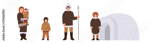 Eskimo family cartoon characters set with mother, father and children of different age at snow yurt