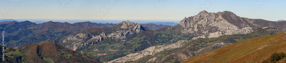 Panoramic view of the town of Pelúgano and Peña mea peak, Aller, Asturias, Spain