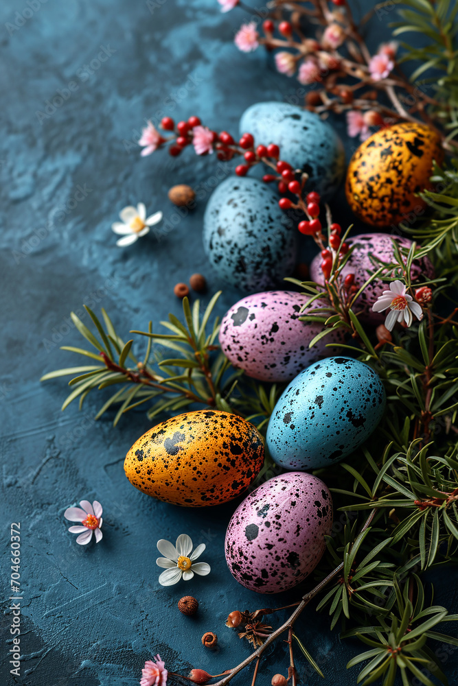 Obraz premium Beautiful photo for Easter. Pretty and bright Easter composition with white flowers, berries and painted eggs.on a blue background