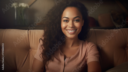 A woman with a beaming smile and curly hair sits comfortably, exuding warmth and ease