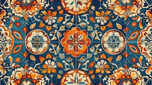 a close up of a tile design with orange and blue flowers and leaves on a blue and orange color scheme.