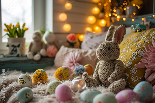 Knitted toy rabbit sitting with Easter egg decorations on a colourful bed in a kid's room. Hand-made brown bunny in a girl's room sitting on a fluffy blanket on a bed.