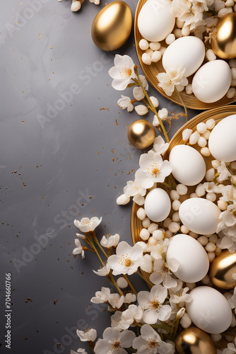 Beautiful Easter eggs in a golden platter standing on a marble table top with white cherry flowers. Luxurious and posh Easter composition on a marble background.