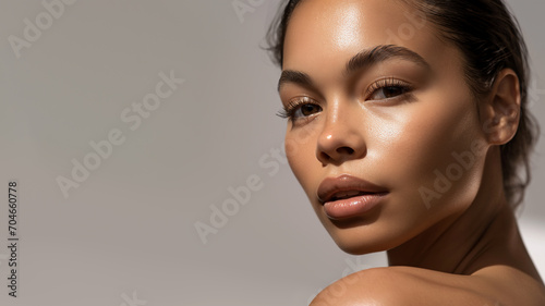 Beauty and Skincare Concept. Beautiful mixed-race woman face with flawless skin and healthy glow, closeup of serene face
