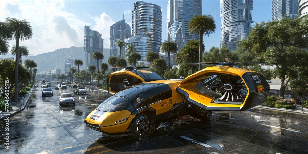 Obraz premium Urban Air Mobility Revolution: Navigating the Digital Frontier with Efficient and Sustainable Integration of Flying Taxis