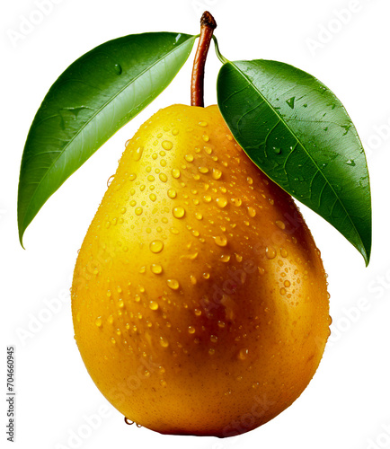 Pojedyńczy owoc mango zroszony kroplami wody na przezroczystym tle.