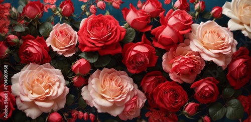 Horizontal background of red and pink roses