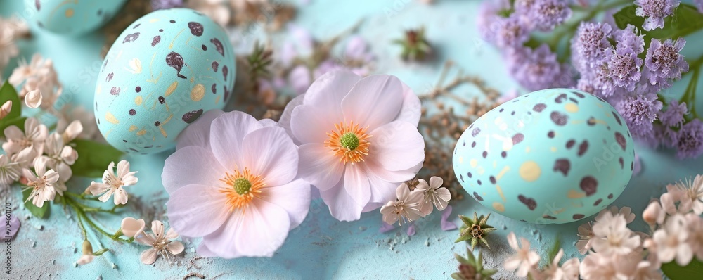 Happy Easter holiday background. Easter eggs and beautiful spring flowers