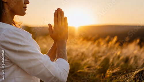 White woman adult, maditation on nature, mental health and mindfulness concept photo
