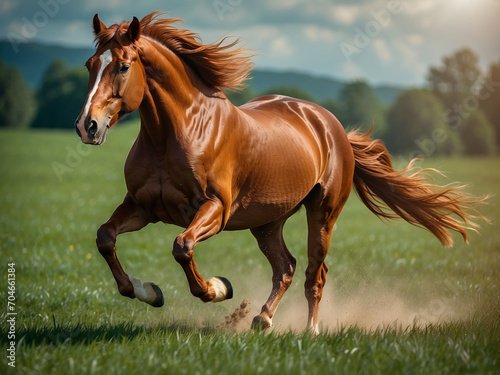 A horse gallops across a green field